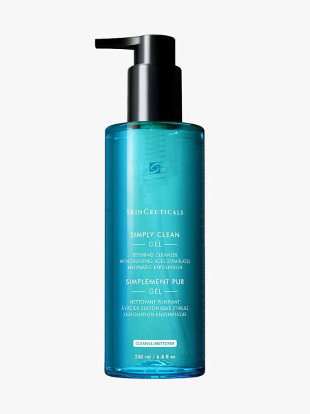 SkinCeuticals Simply Clean Cleanser blue bottle of cleanser with black pump cap on light gray background
