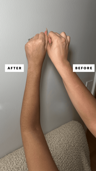 Left arm is after applying the Lux Unfiltered N°36 Supernatural Tanning Mousse and right arm is before